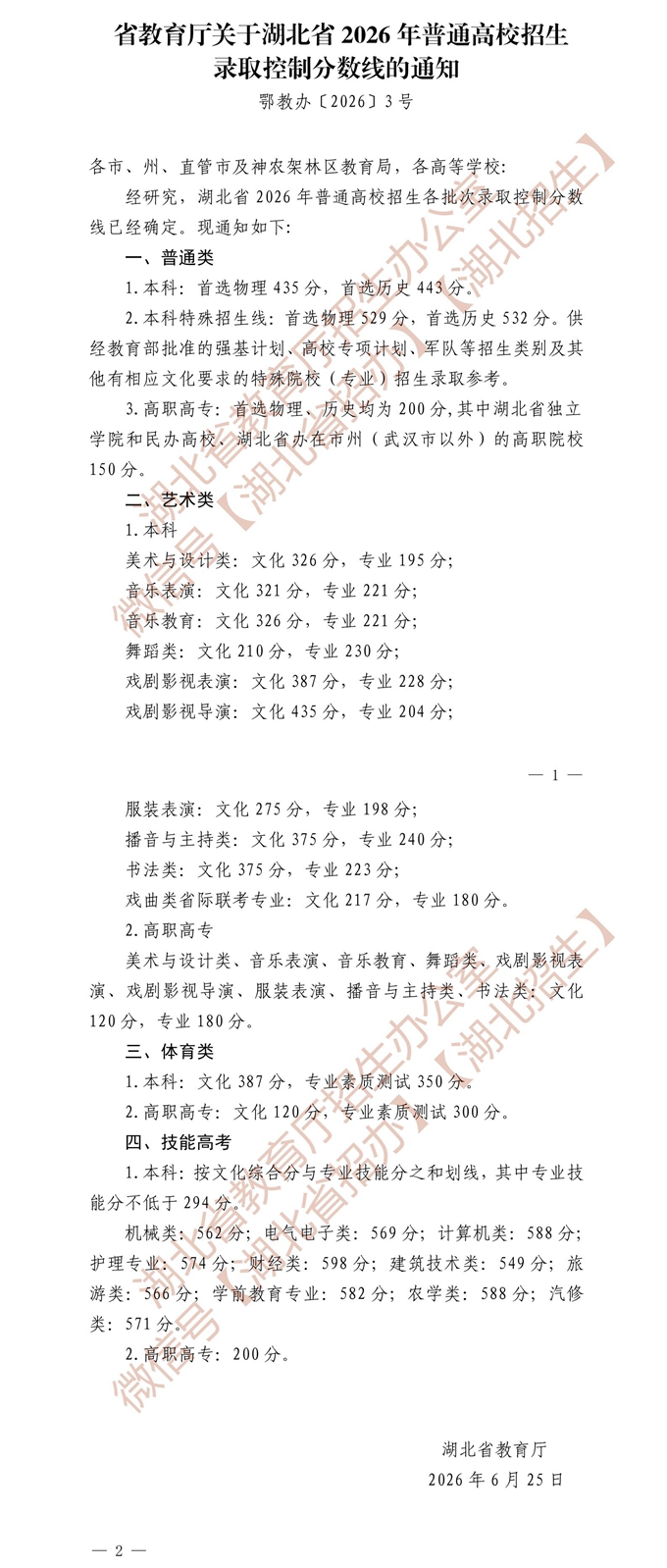湖北高考分数线